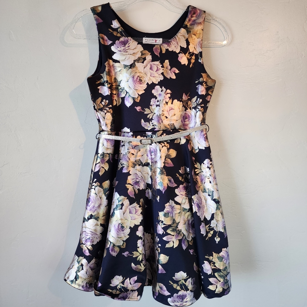 KnitWorks Girls Floral lined dress w/silver belt Sz 14 navy blue holiday formal
